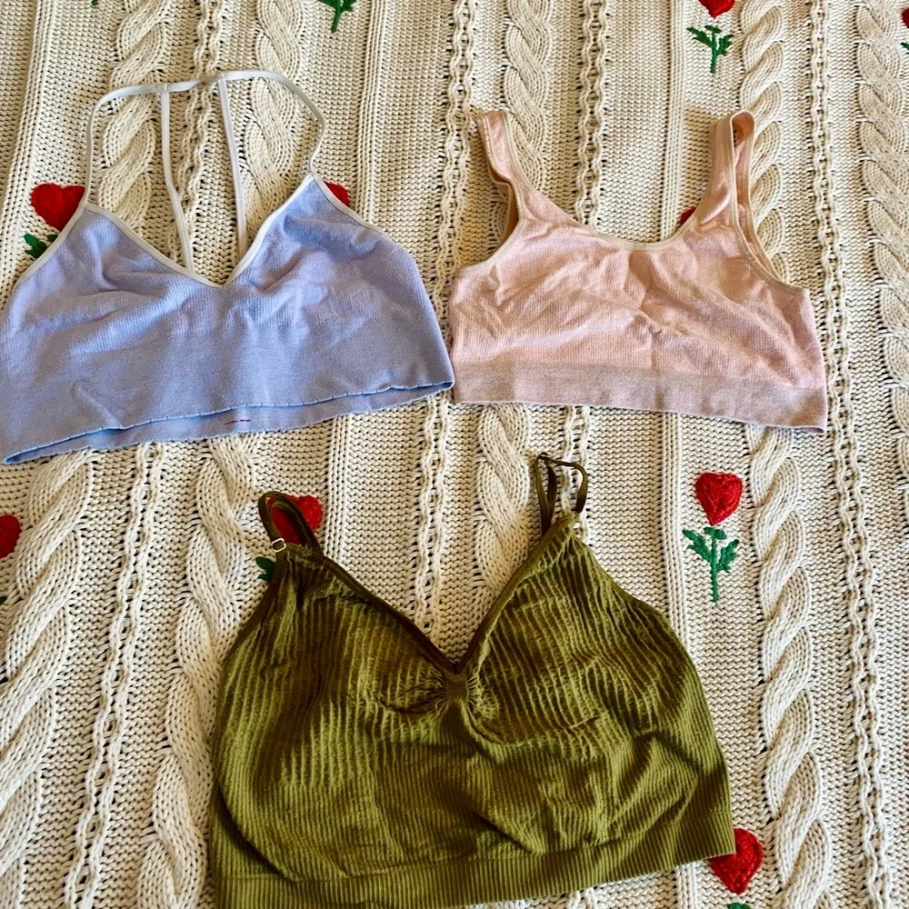 Set of 3 Ribbed Bralette Tops in Olive, Blush, and Blue